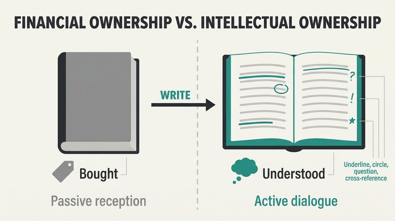 Split panel comparing a pristine closed book representing financial ownership against an open annotated book with marginalia representing intellectual ownership.