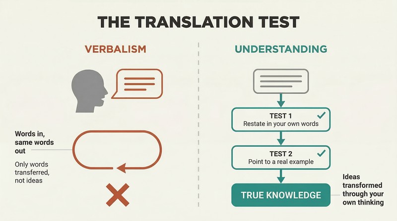 Split panel comparing verbalism on the left, where identical words loop back unchanged, with true understanding on the right, where words transform through restating and exemplifying.
