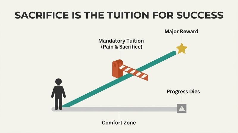 Fork diagram contrasting a flat, dead-end path of comfort with a steep, climbing path of risk that requires passing a sacrifice barrier to reach major rewards.