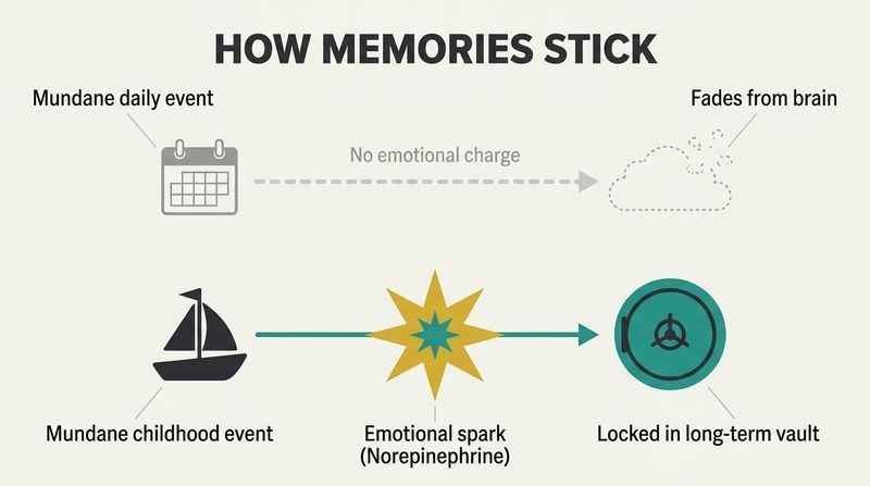 Parallel process diagram comparing a routine event that fades away due to lack of emotion with a mundane event that gets locked into long-term memory via an emotional spark.