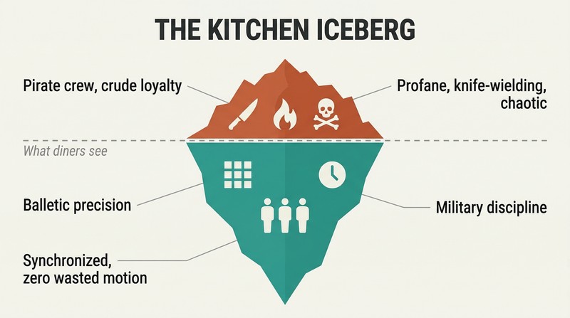 Iceberg diagram showing chaotic pirate-crew culture above a waterline and precise military discipline below, revealing the hidden order inside restaurant kitchens.