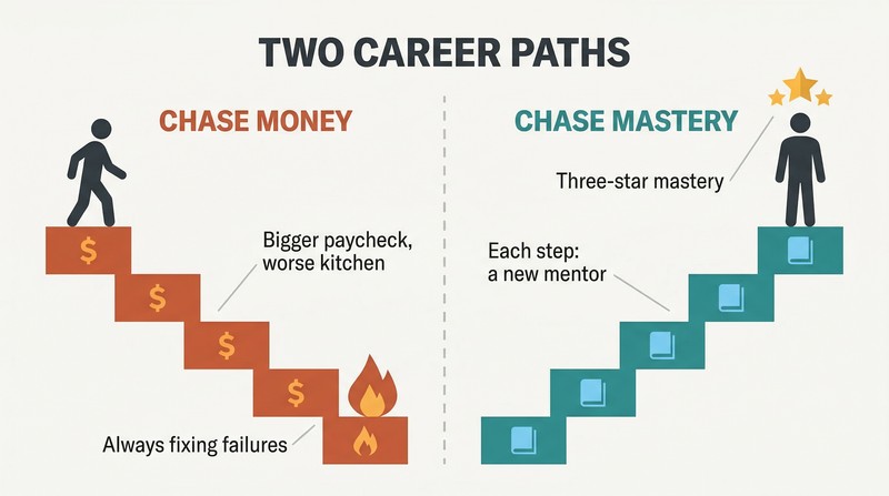 Split panel comparing a descending staircase career chasing money with an ascending staircase career pursuing mastery, each ending at contrasting outcomes.