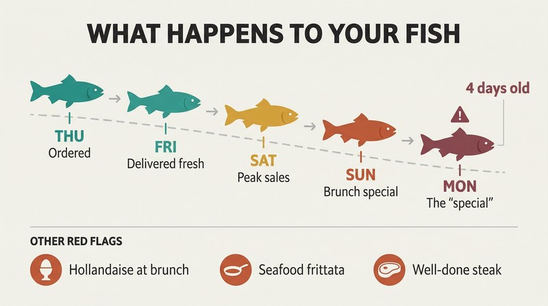 Declining timeline from Thursday to Monday showing a fish changing from fresh teal to stale terracotta, with red-flag dish icons below.