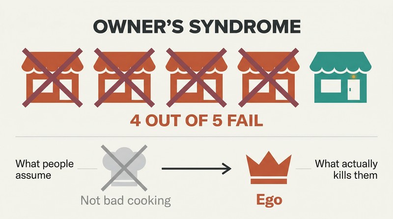 Five restaurant storefronts in a row with four failed in terracotta and one surviving in teal, revealing ego rather than bad cooking as the primary killer.