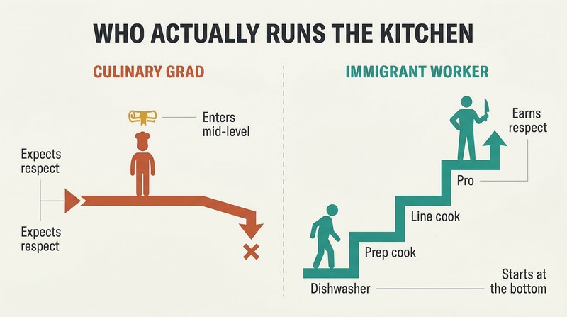 Split comparison showing a culinary graduate's flat career path versus an immigrant worker's steep rise from dishwasher to sought-after professional.