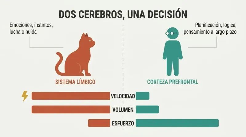 Split comparison showing a cat representing the limbic system with large bars for speed, volume, and laziness overpowering a scientist figure representing the prefrontal cortex with small bars.