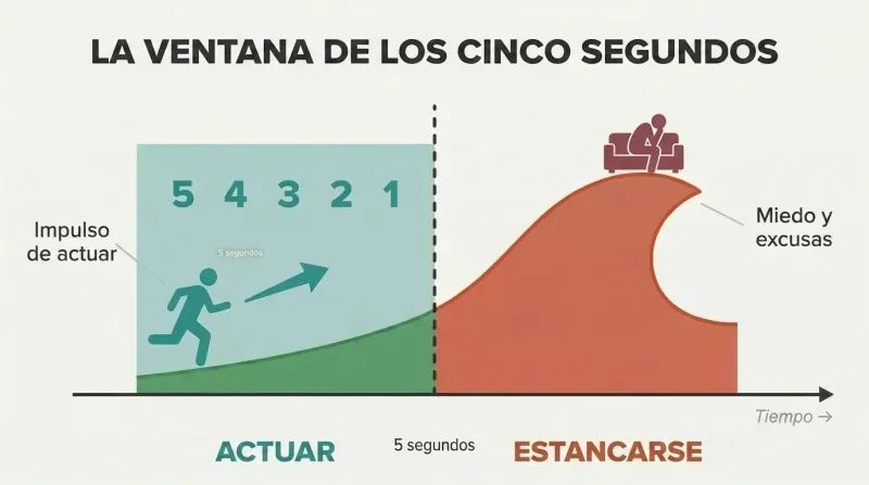 Timeline showing a rising wave of fear that overtakes rational impulse after five seconds, dividing an action zone from an excuse zone.