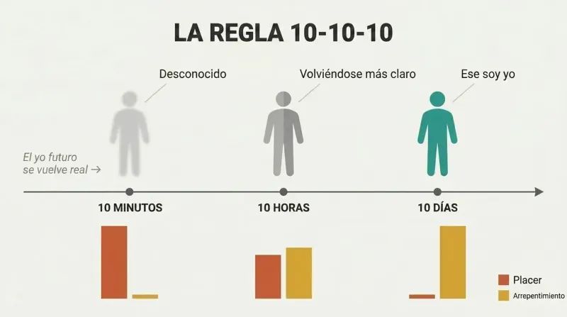 Timeline showing three human silhouettes becoming progressively sharper at 10 minutes, 10 hours, and 10 days, with pleasure bars shrinking and regret bars growing at each stage.