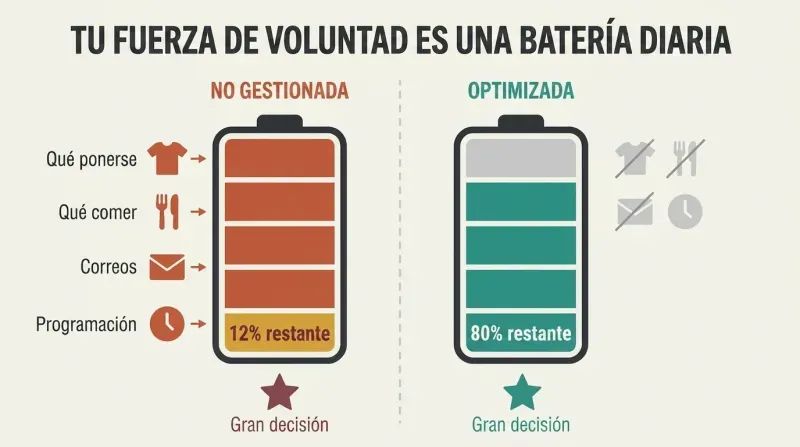 Split comparison showing a willpower battery drained by trivial decisions versus one preserved by eliminating them, leaving full charge for important tasks.