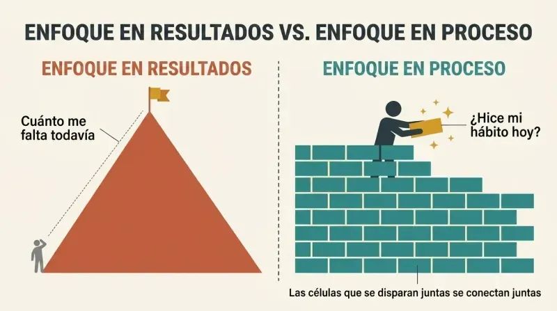 Split panel contrasting a tiny figure overwhelmed by a distant mountain on the left with a figure building a brick wall one brick at a time on the right.