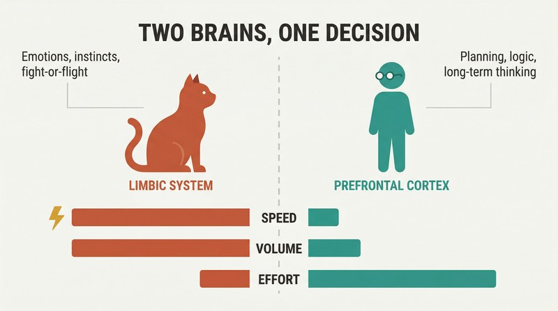 Split comparison showing a cat representing the limbic system with large bars for speed, volume, and laziness overpowering a scientist figure representing the prefrontal cortex with small bars.