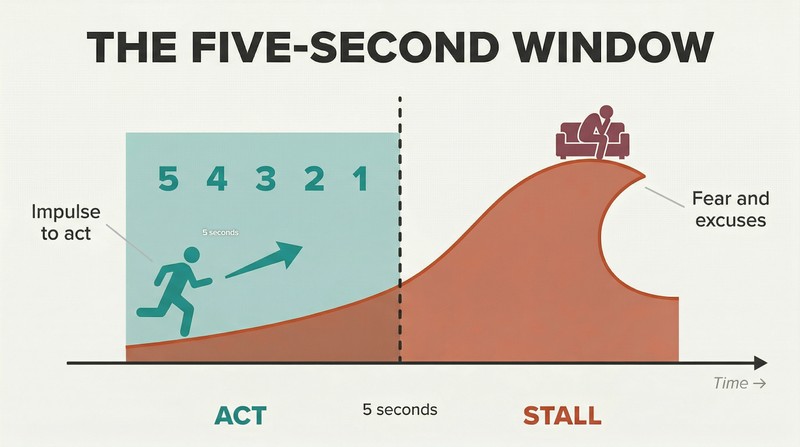 Timeline showing a rising wave of fear that overtakes rational impulse after five seconds, dividing an action zone from an excuse zone.