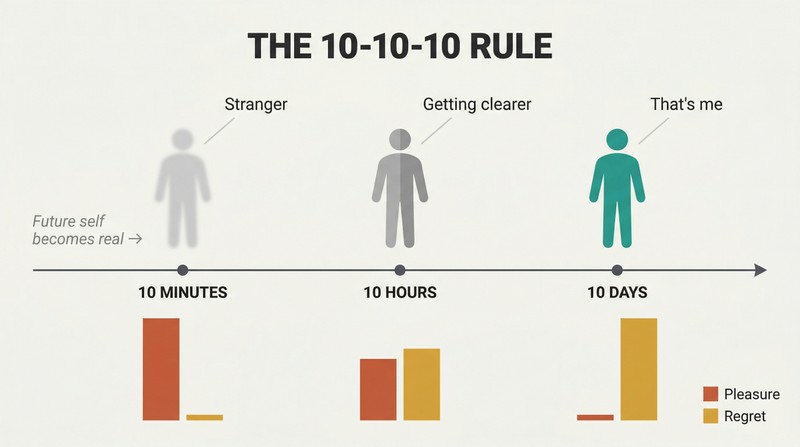 Timeline showing three human silhouettes becoming progressively sharper at 10 minutes, 10 hours, and 10 days, with pleasure bars shrinking and regret bars growing at each stage.