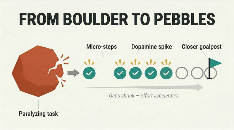 Large boulder on the left shatters into a row of small circles spaced progressively closer together toward a finish flag, showing how breaking tasks down creates accelerating momentum.