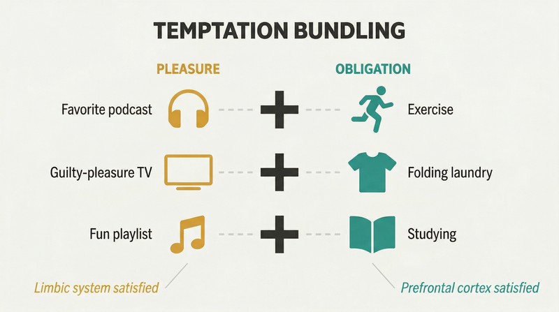 Two columns of icons—pleasures on the left and obligations on the right—connected by pairing lines through a central plus symbol, showing how bundling enjoyable activities with obligations satisfies both brain systems.