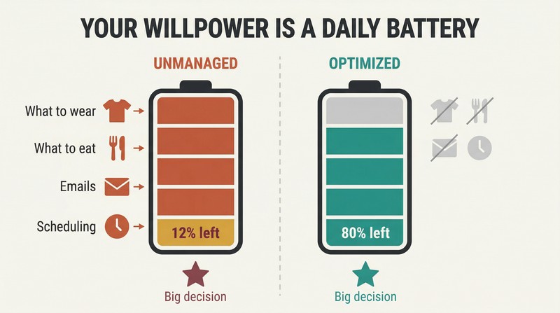 Split comparison showing a willpower battery drained by trivial decisions versus one preserved by eliminating them, leaving full charge for important tasks.