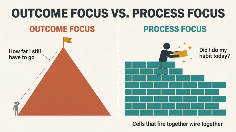 Split panel contrasting a tiny figure overwhelmed by a distant mountain on the left with a figure building a brick wall one brick at a time on the right.