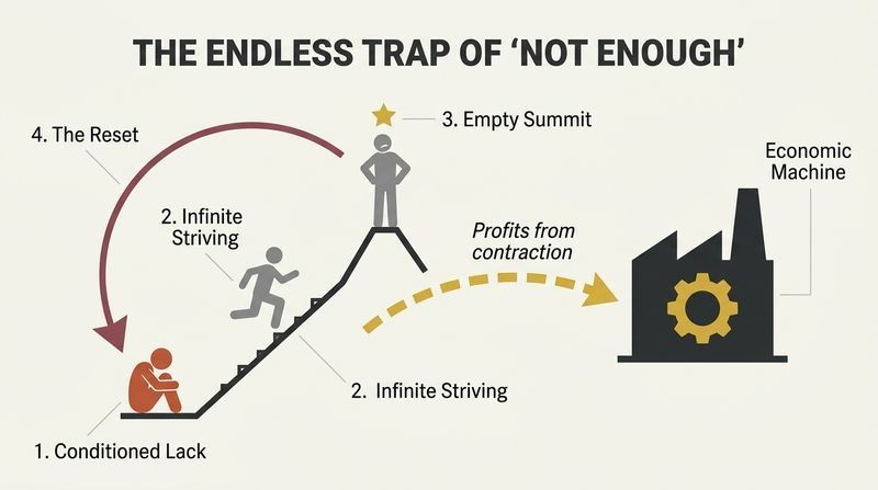 Cycle diagram showing how the feeling of not-enoughness drives a loop of endless striving and brief success, which resets to emptiness while a corporate system extracts profits from the effort.