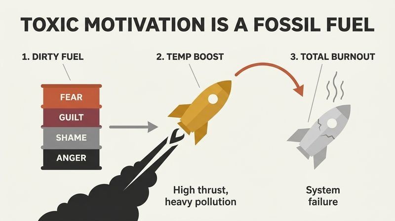 Timeline diagram showing how using fear, guilt, shame, and anger as motivation provides a temporary high-power boost but leads directly to system failure and burnout.
