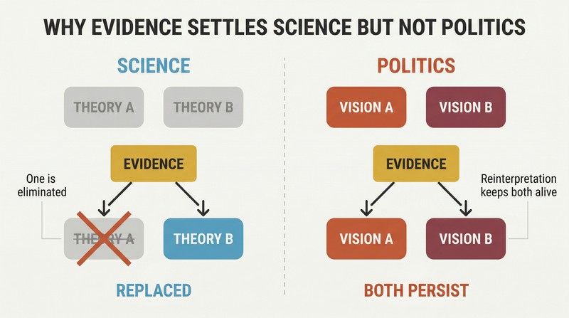 Split panel comparing science, where evidence replaces one theory with another, against politics, where evidence is absorbed by both competing visions which persist side by side.