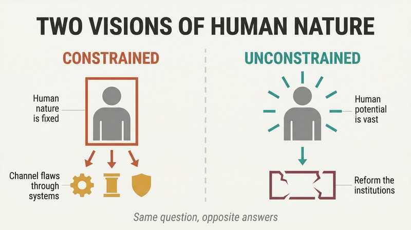 Split panel comparing the constrained vision of fixed human nature channeled through systems against the unconstrained vision of expandable human potential limited only by institutions.