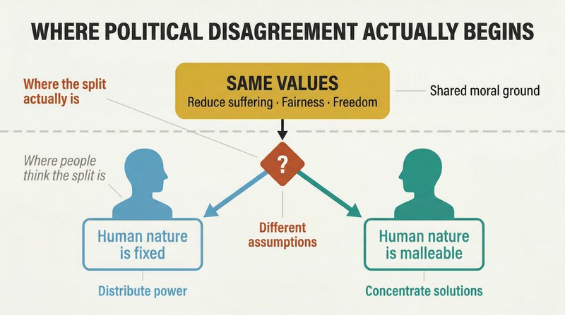 Fork diagram showing shared moral values as a common root splitting into two diverging paths at the point of differing assumptions about human nature.