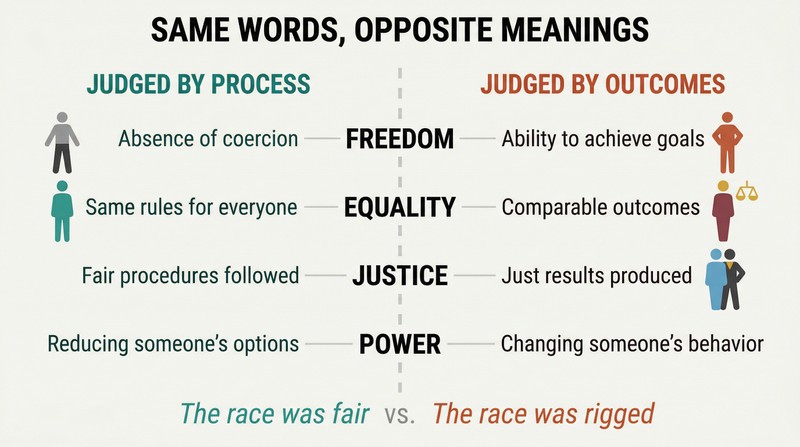 Split panel showing four political terms — Freedom, Equality, Justice, Power — each with a process-based definition on the left and an outcome-based definition on the right, revealing how two visions use identical words for incompatible concepts.