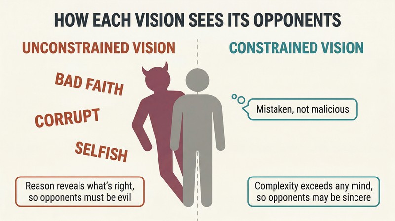 Split panel showing the same opponent figure perceived as morally corrupt on the left and as honestly mistaken on the right, revealing the asymmetry between two political visions.