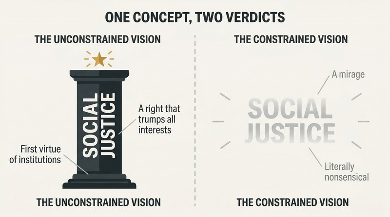 Split panel showing social justice as a towering stone monument on the left and as faded dissolving text on the right, separated by a dashed dividing line.