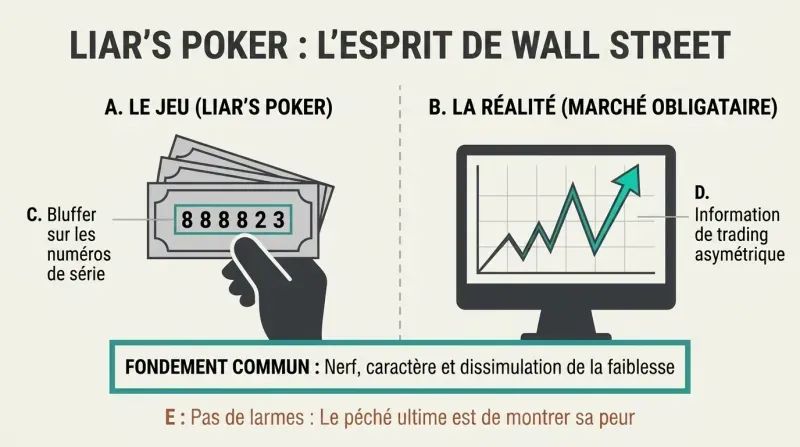 Split panel diagram comparing Liar's Poker game mechanics (dollar bills, bluffing serial numbers) with Wall Street bond trading realities (asymmetric information, position leverage).