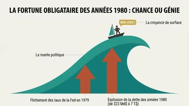 Diagram showing a tiny trader on a cresting wave claiming personal genius, while two massive external policy arrows lift the wave from below.