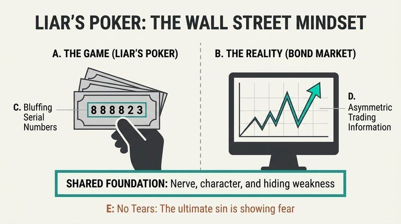 Split panel diagram comparing Liar's Poker game mechanics (dollar bills, bluffing serial numbers) with Wall Street bond trading realities (asymmetric information, position leverage).