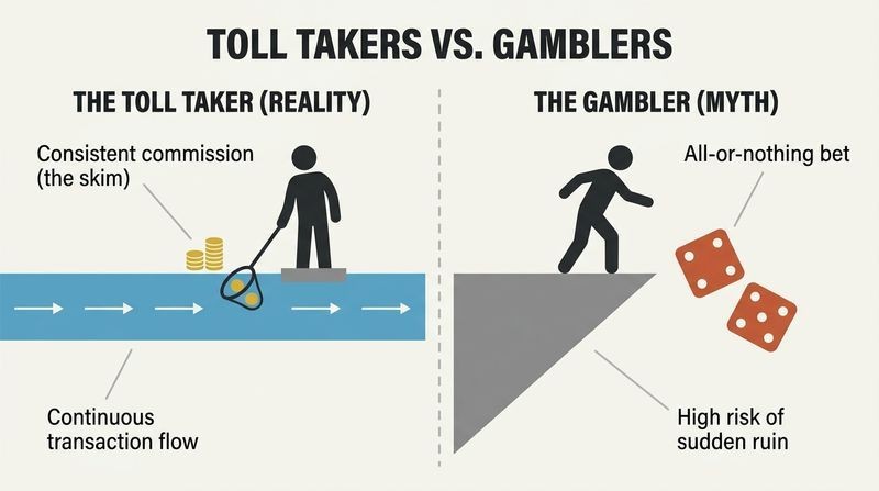 Split panel diagram contrasting the steady, low-risk flow of bond trading commissions with the high-risk gamble of speculation.