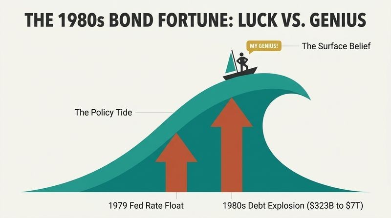 Diagram showing a tiny trader on a cresting wave claiming personal genius, while two massive external policy arrows lift the wave from below.