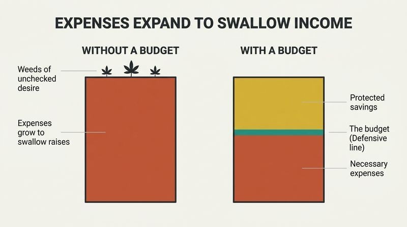 Side-by-side comparison of two income containers, showing how without a budget, expenses expand to fill 100% of income like weeds, whereas with a budget, a solid teal line caps expenses and protects a gold surplus of savings.