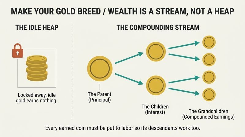 Split diagram comparing a static, idle pile of coins in a locked cage with a compounding branching tree where one gold coin breeds multiple generations of active, working coins.