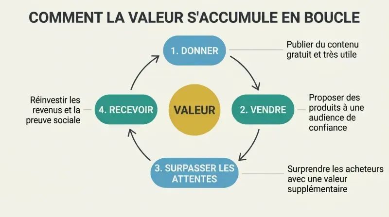 A four-stage flywheel diagram depicting the compounding loop of value: Give, Sell, Overdeliver, and Receive, revolving around a central gold hub labeled VALUE.