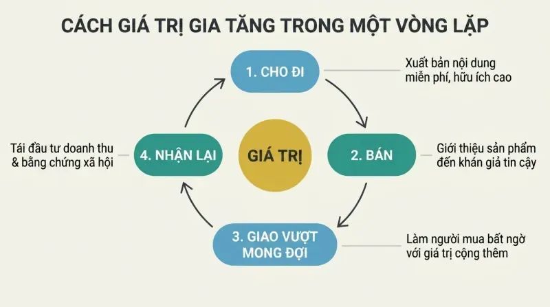 A four-stage flywheel diagram depicting the compounding loop of value: Give, Sell, Overdeliver, and Receive, revolving around a central gold hub labeled VALUE.