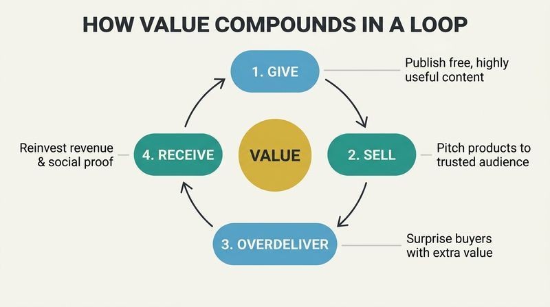 A four-stage flywheel diagram depicting the compounding loop of value: Give, Sell, Overdeliver, and Receive, revolving around a central gold hub labeled VALUE.
