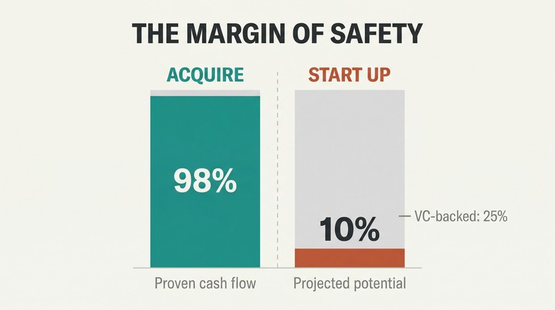 Two vertical bars comparing 98% success rate of acquired businesses against 10% success rate of startups, showing the dramatic gap in outcomes.