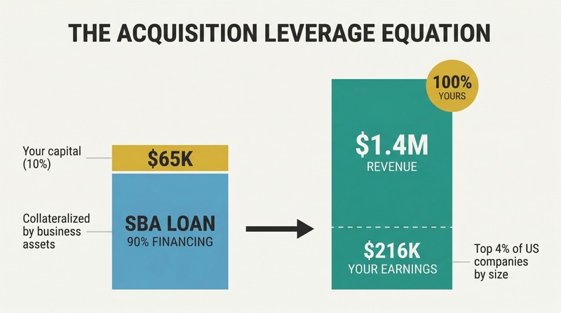 Proportion diagram comparing a small $65K down payment plus a large SBA loan against the million-dollar revenue company they unlock through acquisition leverage.