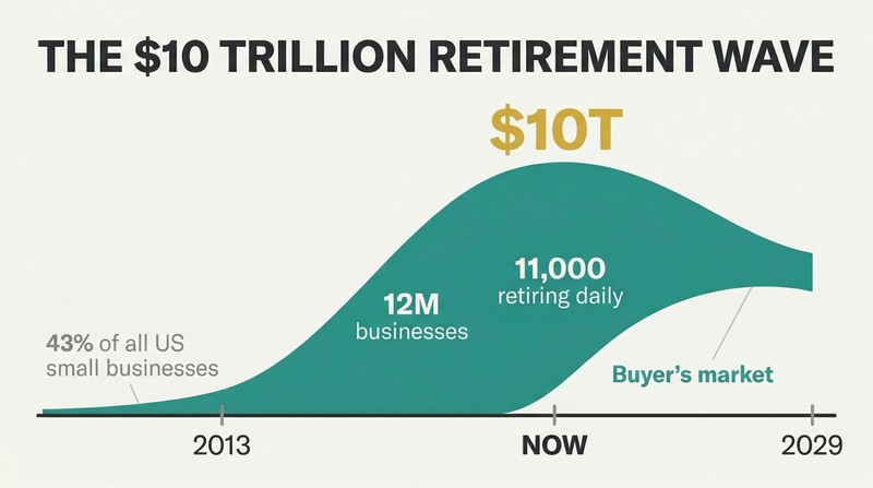 Rising wave chart over a timeline from 2013 to 2029 showing the massive surge of boomer-owned businesses entering the market for sale.