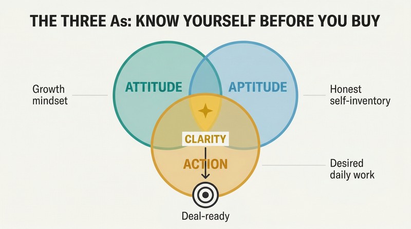 Three overlapping circles for Attitude, Aptitude, and Action converging on a central clarity zone that unlocks deal readiness.