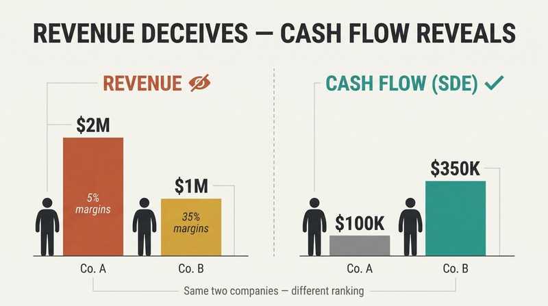 Split comparison showing two businesses ranked by revenue versus by cash flow, where the taller bar flips between the two views.