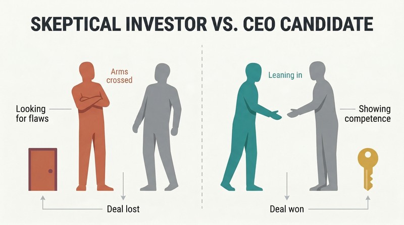 Split panel comparing a crossed-arms investor who repels the seller against an open, engaged CEO candidate who wins the seller's trust and the deal.