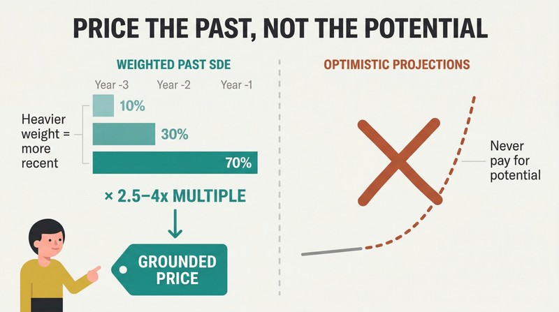 Split panel contrasting three weighted cash-flow bars producing a grounded valuation on the left against a rejected speculative projection curve on the right.