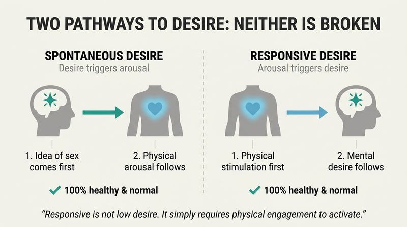 Split panel diagram comparing spontaneous desire (mind triggers body) with responsive desire (body triggers mind), emphasizing both are normal.