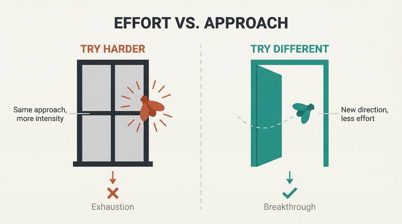 Split panel comparing a fly exhausting itself against a closed window on the left with a fly gliding freely through an open door on the right.