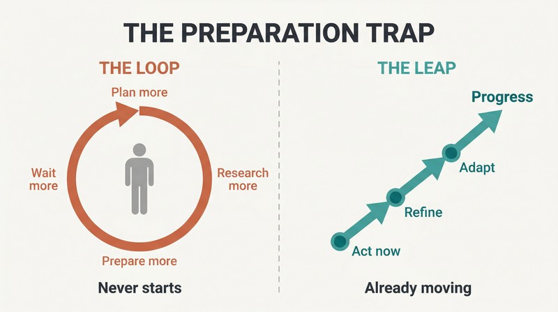 Split panel contrasting an endless circular preparation loop on the left with a direct act-then-refine forward path on the right.