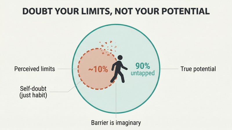 Small dashed circle of perceived limits nested inside a much larger circle of true potential, with a figure stepping through the imaginary boundary.